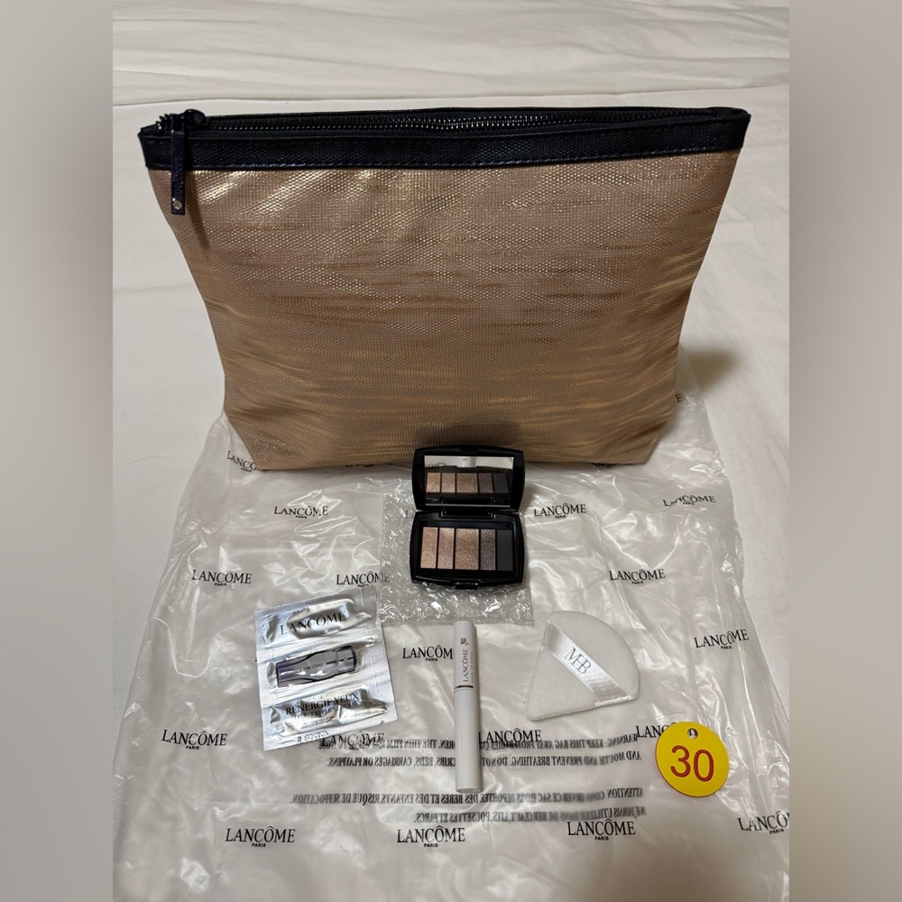 Lancome Gold Cosmetic Bag with Makeup Essentials